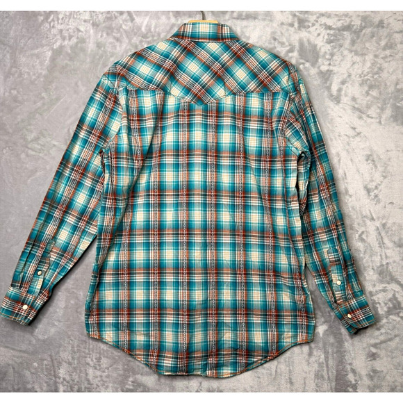 Rough Stock Panhandle Slim Shirt Mens Medium Pearl Snap Turquoise Brown Plaid - Picture 2 of 14